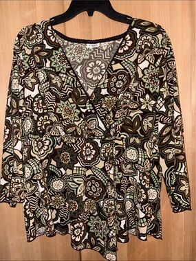 Cato Floral Wrap-Front Blouse in Green, Brown & Cream